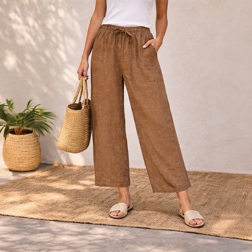 ELCC 100% Silk Wide Leg Animal Print Lounge Pants Brown Boho Minimalist‎ Size L